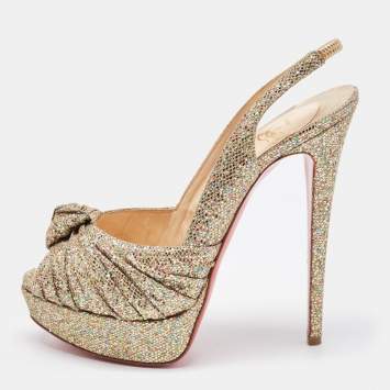 Pre Owned Christian Louboutin Gold Glitter Fabric  Jenny Slingback Pumps Size 39