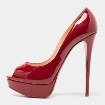 Pre Owned Christian Louboutin Burgundy Patent Leather Lady Peep Pumps Size 39.5