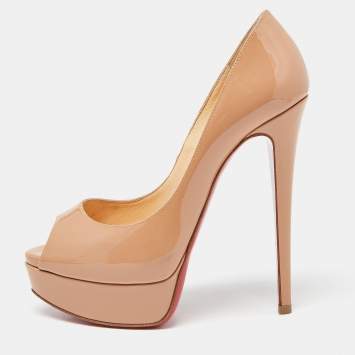 Pre Owned Christian Louboutin Beige Patent Leather Lady Peep Pumps Size 36