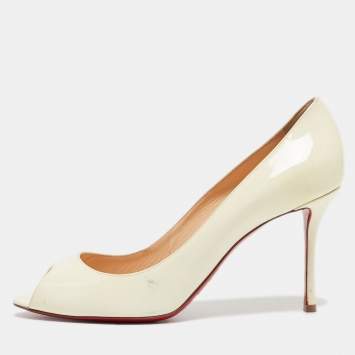 Pre Owned Christian Louboutin White Patent Leather Flo Peep Toe Pumps Size 40.5