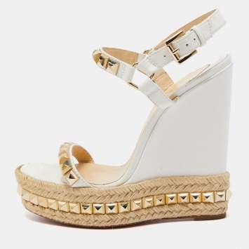 Pre Owned Christian Louboutin White Leather Studded Cataclou Espadrille Wedge Sandals Size 38