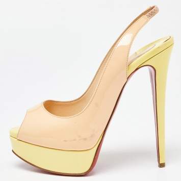 Pre Owned Christian Louboutin Beige/Yellow Patent Leather Lady Peep Slingback Pumps Size 36