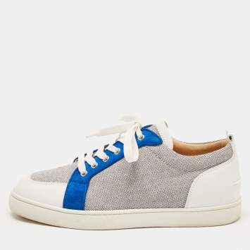 مملوكة مسبقًا Christian Louboutin White/Navy Blue Leather and Woven Fabric Rantulow Low Top Sneakers Size 44