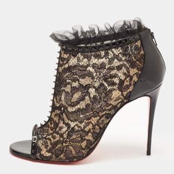 Pre Owned Christian Louboutin Black Lace and Patent Leather Juliettra Booties Size 41