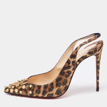 Pre Owned Christian Louboutin Tricolor Leopard Print Satin Spiked Drama Slingback Pumps Size 40