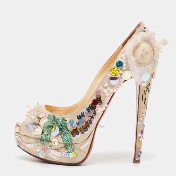 Pre Owned Christian Louboutin Beige Satin 'Make Up Trash' Lady Peep-Toe Pumps Size 36.5 