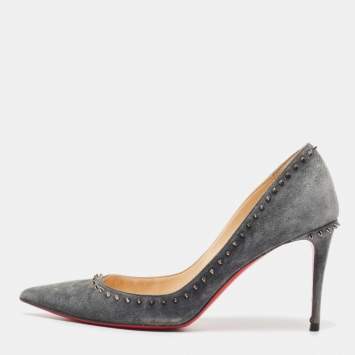 Pre Owned Christian Louboutin Grey Suede Anjalina Spike Pointed Toe Pumps Size 38.5