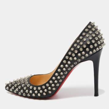 Pre Owned Christian Louboutin Black Leather Pigalle Spikes Pointed Toe Pumps Size 38.5