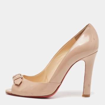 Pre Owned Christian Louboutin Beige Patent Leather Buckle Detail Peep Toe Pumps Size 37.5