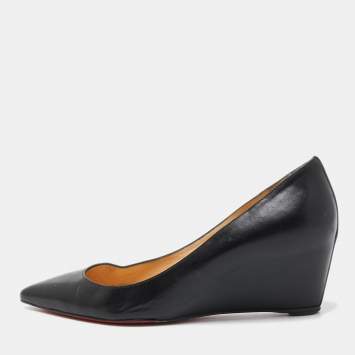 Pre Owned Christian Louboutin Black Leather Pointed Toe Wedge Pumps Size 37.5