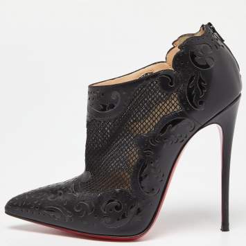 Pre Owned Christian Louboutin Black Leather and Mesh Ankle Booties Size 38