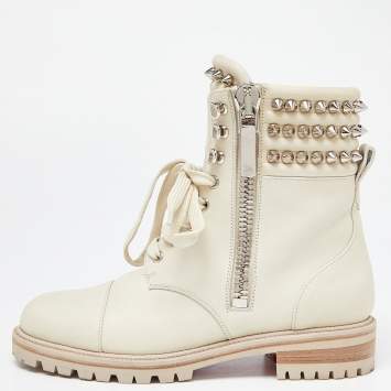 Pre Owned Christian Louboutin Pale Green Leather Spike Ankle Boots Size 38