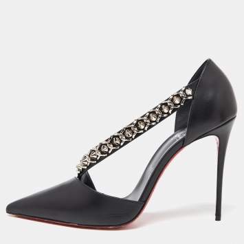 Pre Owned Christian Louboutin Black Leather Deomina Chain 100 Pumps Size 42