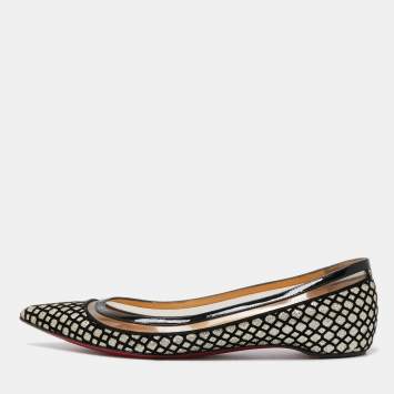 Pre Owned Christian Louboutin Black/Gold Mesh and Glitter Ballet Flats Size 38