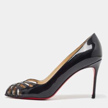 Christian Louboutin Black Cut Out Patent Leather Peep Toe Pumps Size 37.5