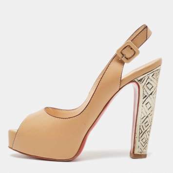 Pre Owned Christian Louboutin Beige Leather Peep Toe Slingback Pumps Size 37.5
