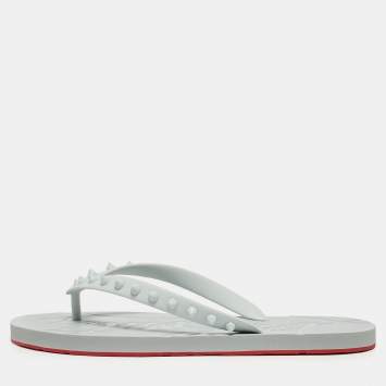 Pre Owned Christian Louboutin Grey Rubber Loubi Flip Spikes Thong Flats Size 39