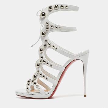 Pre Owned Christian Louboutin White Leather Studded Amazoubille Lace Up Sandals Size 39.5