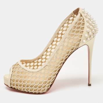 Pre Owned Christian Louboutin Cream Patent Leather and Mesh Guni Spiked Peep Toe Pumps Size 38