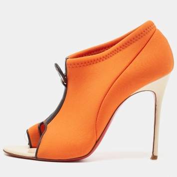 Pre Owned Christian Louboutin Orange Fabric Peep Toe  Sandals Size 38
