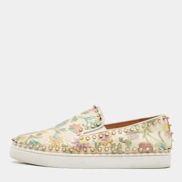 Pre Owned Christian Louboutin Multicolor Floral Print Embossed Snakeskin Pik Boat Sneakers Size 38.5 