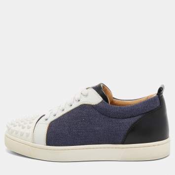 Pre Owned Christian Louboutin Blue/White Denim and Leather Spikes Low Top Sneakers Size 37