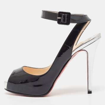 Pre Owned Christian Louboutin Black Patent Private Number Peep Toe Slingback Pumps Size 36.5     