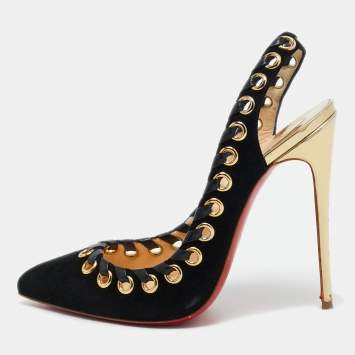 Pre Owned Christian Louboutin Black Suede and Leather Trim Whipstitch Ostri Slingback Pumps Size 38