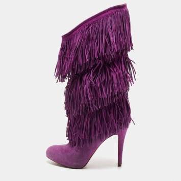 Pre Owned Christian Louboutin Purple Suede Forever Tina Fringe Mild Calf Boots  Size 37