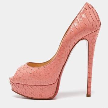 Pre Owned Christian Louboutin Peach Python Leather Lady Peep Platform Pumps Size 36