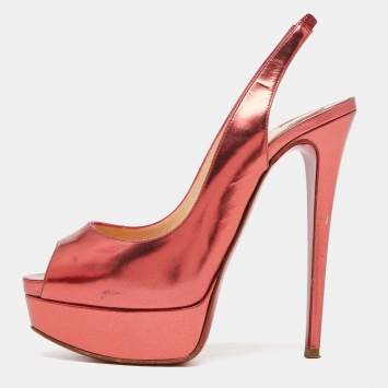 Pre Owned Christian Louboutin Metallic Patent Lady Peep Sling Pumps Size 36.5