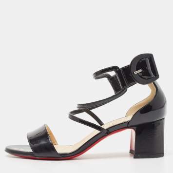 Pre Owned Christian Louboutin Black Patent Strappy Block Heel Sandals Size 35.5