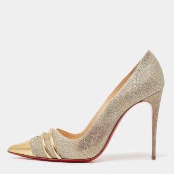 Pre Owned Christian Louboutin Gold Glitter and Leather Front Double Pumps Size 39.5