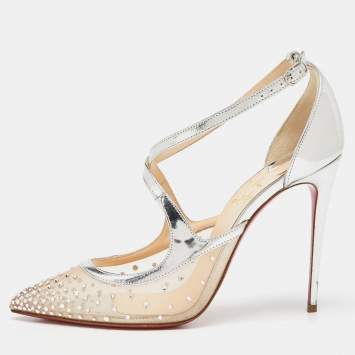 Pre Owned Christian Louboutin Silver Patent Leather and Mesh Twistissima Strass Pumps Size 39