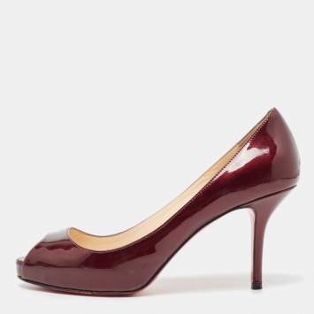 Pre Owned Christian Louboutin Dark Burgundy Patent Leather Peep Toe Pumps Size 36
