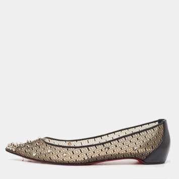 Pre Owned Christian Louboutin Black Lace and Leather Spikes Ballet Flats Size 39