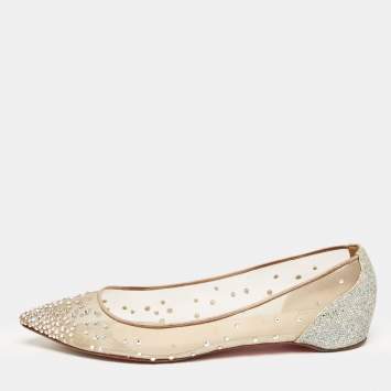 Pre Owned Christian Louboutin Beige/Silver Mesh and Lurex Fabric Follies Strass Ballet Flats Size 39