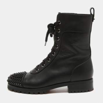 Pre Owned Christian Louboutin Black Leather TS Croc Spiked Ankle Boots Size 36