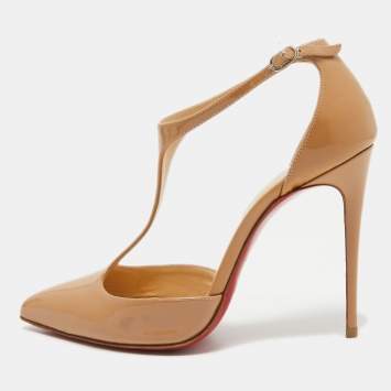 Pre Owned Christian Louboutin Beige Patent Leather J String Pumps Size 36