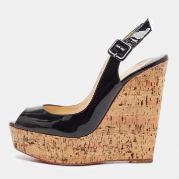 Pre Owned Christian Louboutin Black Patent Leather Une Plume Slingback Pumps Size 37