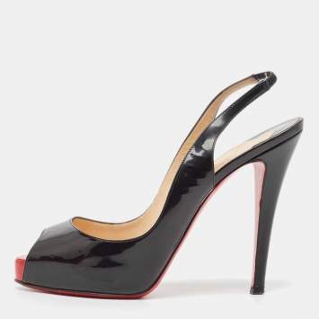 Pre Owned Christian Louboutin Black Patent Lady Peep  Slingback Pumps Size 37.5