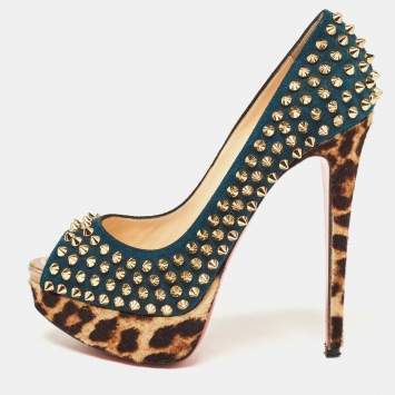 Pre Owned Christian Louboutin Multicolor Suede and Leopard Calf Hair Lady Peep Spikes Platform Pumps Size 36.5