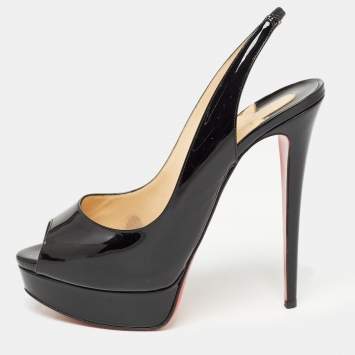 Pre Owned Christian Louboutin Black Patent Leather Lady Peep Slingback Pumps Size 40