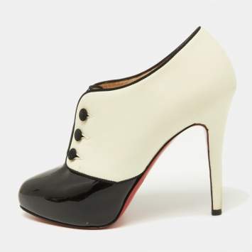 Pre Owned Christian Louboutin Black/Cream Patent and Leather Esoteri Booties Size 38
