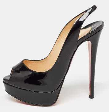 Pre Owned Christian Louboutin Black Patent Lady Peep Slingback Sandals Size 36.5