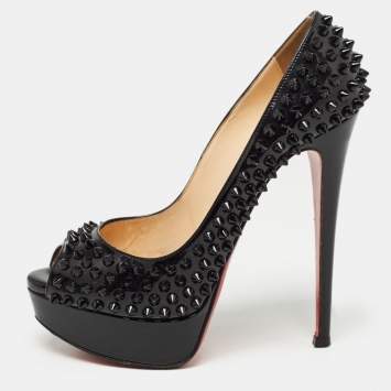 Pre Owned Christian Louboutin Black Patent Leather Lady Peep Spikes Pumps Size 36.5