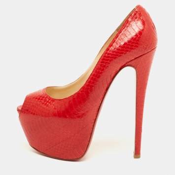 Pre Owned Christian Louboutin Red Python Highness Pumps Size 37.5