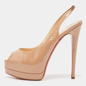 Pre Owned Christian Louboutin Beige Patent Lady Peep Sling Pumps Size 37.5