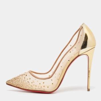 Pre Owned Christian Louboutin Gold Crystal Embellished Leather and Mesh Follies Strass Pumps Size 39