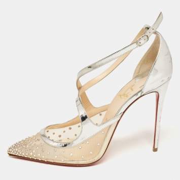 Pre Owned Christian Louboutin Silver Leather and Mesh Twistissima Strass Pumps Size 40.5